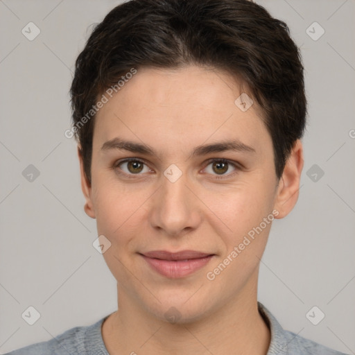 Joyful white young-adult female with short  brown hair and brown eyes