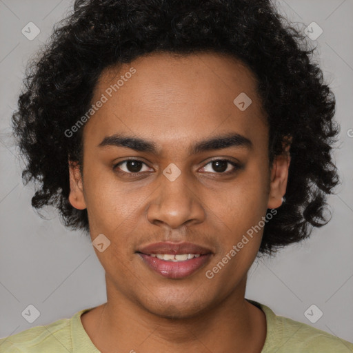 Joyful black young-adult male with short  brown hair and brown eyes