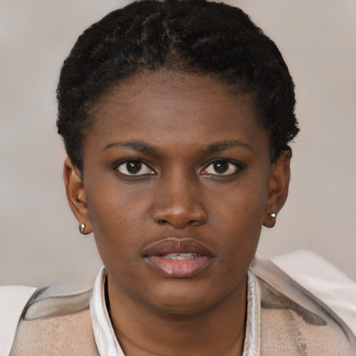 Neutral black young-adult female with short  brown hair and brown eyes