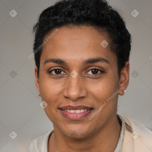 Joyful black young-adult female with short  brown hair and brown eyes