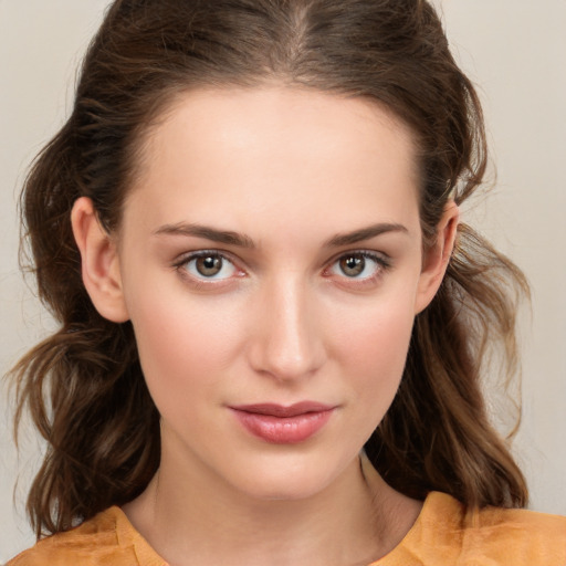 Neutral white young-adult female with medium  brown hair and brown eyes