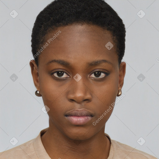 Neutral black young-adult female with short  black hair and brown eyes