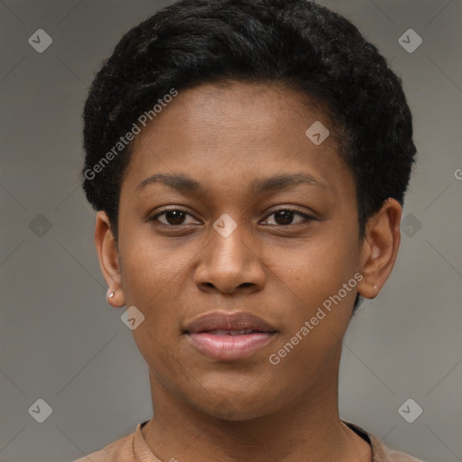 Joyful black young-adult female with short  brown hair and brown eyes