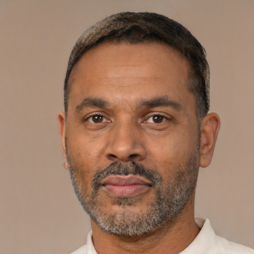 Neutral black adult male with short  black hair and brown eyes