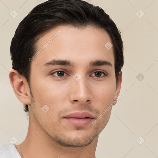 Neutral white young-adult male with short  brown hair and brown eyes