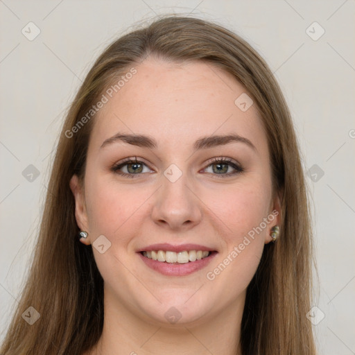 Joyful white young-adult female with long  brown hair and grey eyes