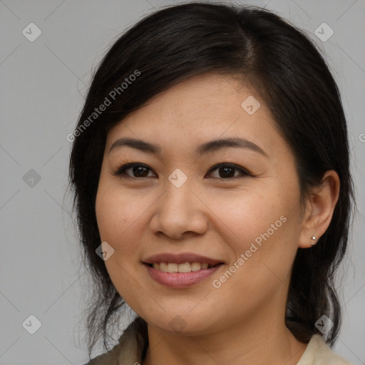 Joyful asian young-adult female with long  brown hair and brown eyes