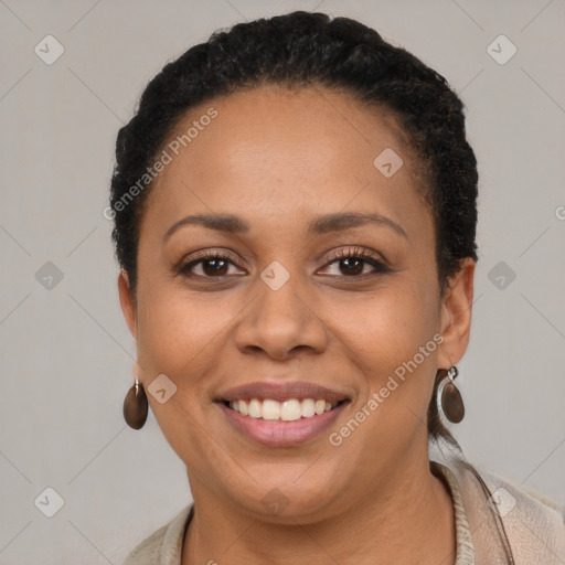 Joyful latino young-adult female with short  brown hair and brown eyes