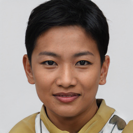 Joyful asian young-adult female with short  black hair and brown eyes