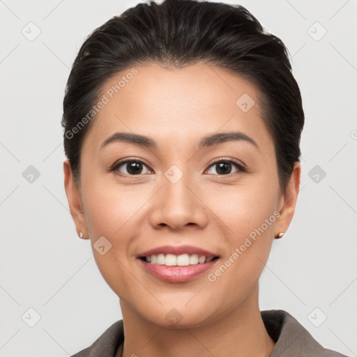 Joyful white young-adult female with short  brown hair and brown eyes