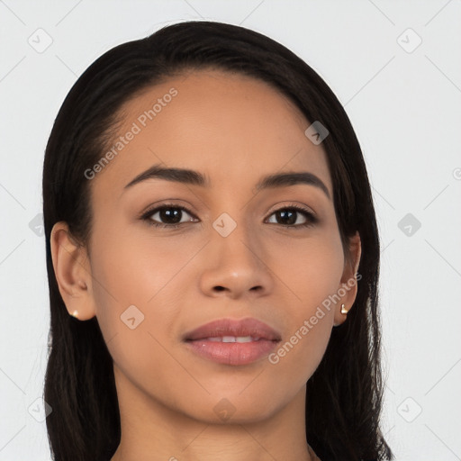 Joyful latino young-adult female with long  black hair and brown eyes