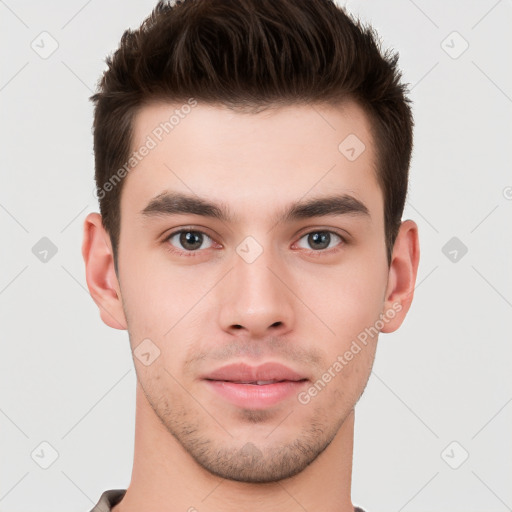 Neutral white young-adult male with short  brown hair and brown eyes