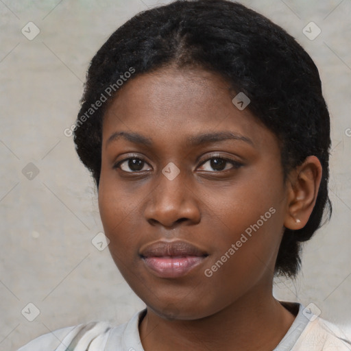 Neutral black young-adult female with short  black hair and brown eyes