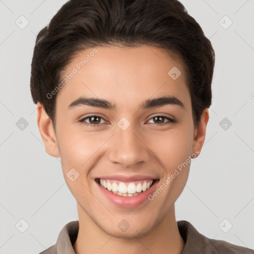 Joyful white young-adult female with short  brown hair and brown eyes