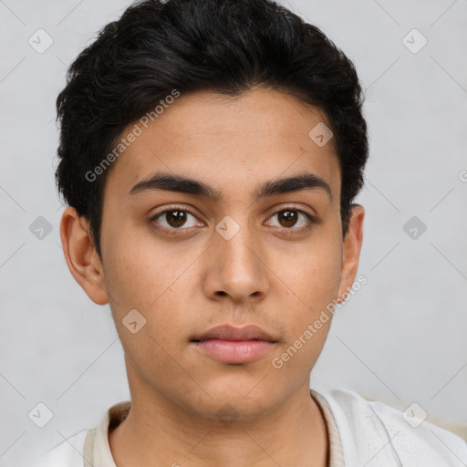 Neutral latino young-adult male with short  brown hair and brown eyes