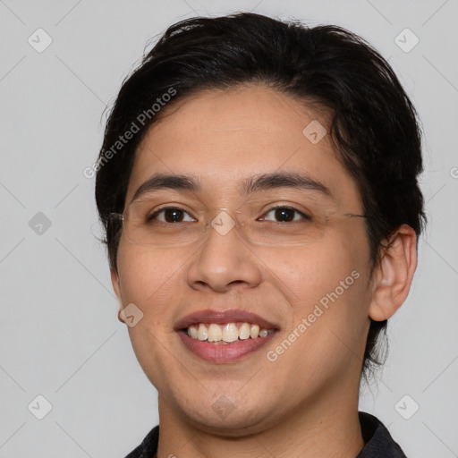 Joyful white young-adult male with medium  brown hair and brown eyes