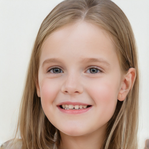 Joyful white child female with long  brown hair and grey eyes