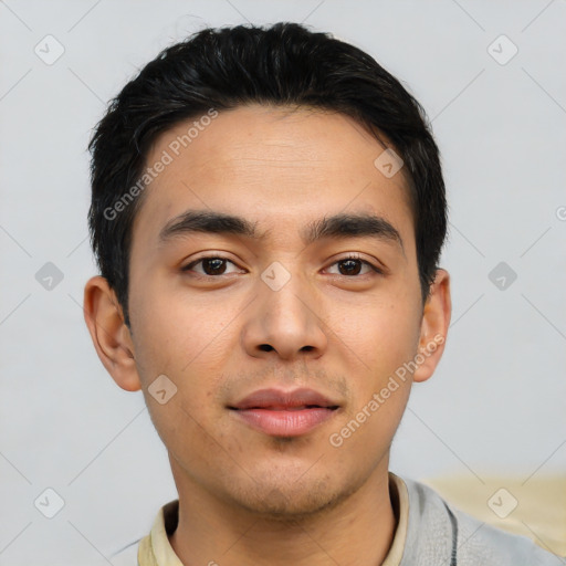 Neutral asian young-adult male with short  black hair and brown eyes