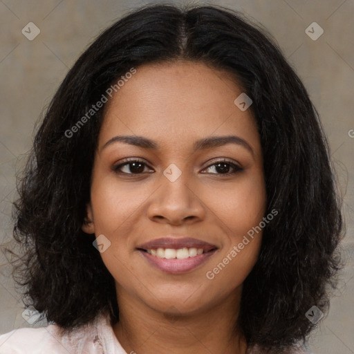 Joyful latino young-adult female with medium  black hair and brown eyes