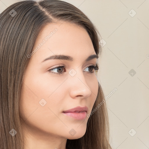 Neutral white young-adult female with long  brown hair and brown eyes