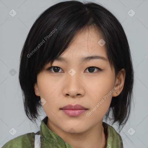 Neutral asian young-adult female with medium  black hair and brown eyes