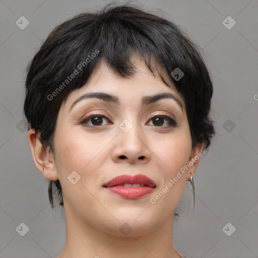 Joyful asian young-adult female with medium  brown hair and brown eyes