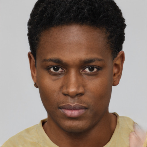 Neutral black young-adult male with short  black hair and brown eyes