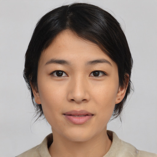 Neutral asian young-adult female with medium  black hair and brown eyes