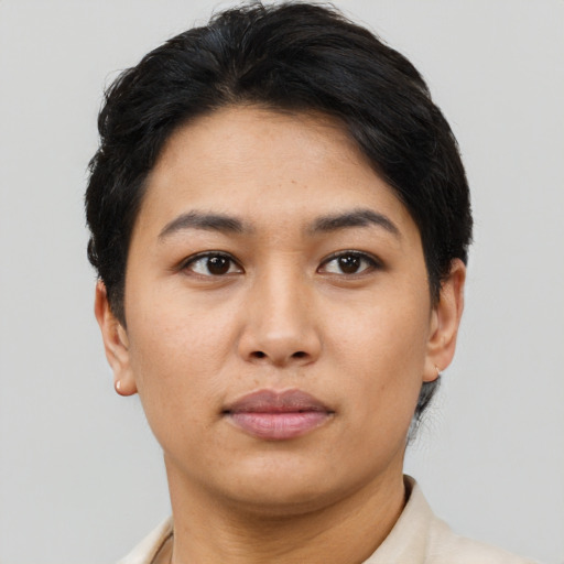 Neutral asian young-adult female with short  black hair and brown eyes