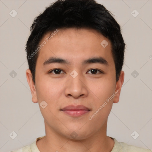 Neutral asian young-adult male with short  black hair and brown eyes