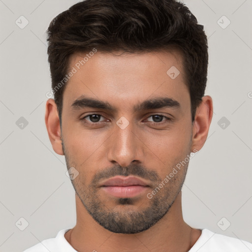 Neutral white young-adult male with short  brown hair and brown eyes