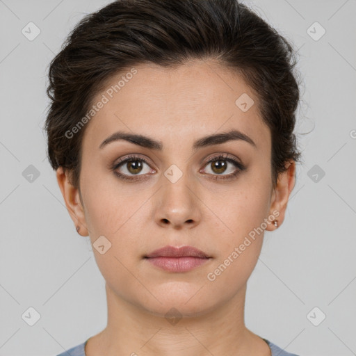 Neutral white young-adult female with short  brown hair and brown eyes