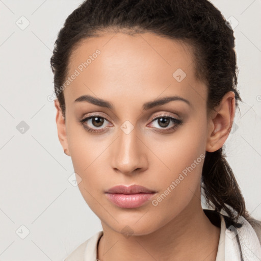 Neutral white young-adult female with long  brown hair and brown eyes