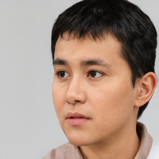 Neutral asian young-adult male with short  black hair and brown eyes
