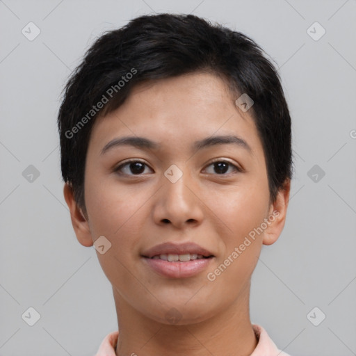 Joyful asian young-adult female with short  brown hair and brown eyes