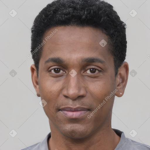 Neutral black young-adult male with short  black hair and brown eyes