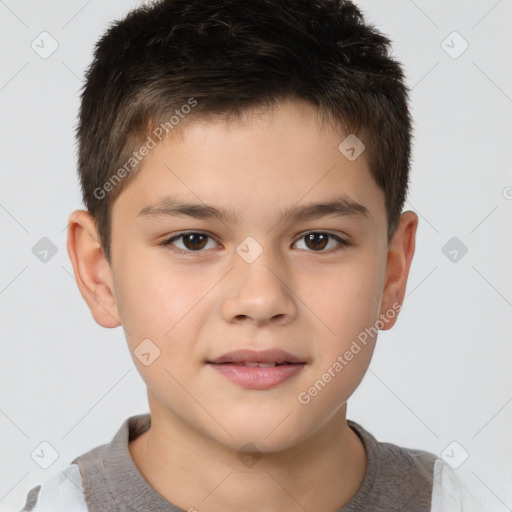 Joyful white child male with short  brown hair and brown eyes