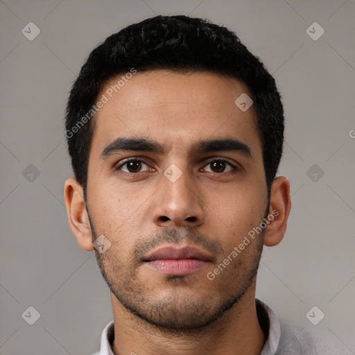 Neutral latino young-adult male with short  black hair and brown eyes