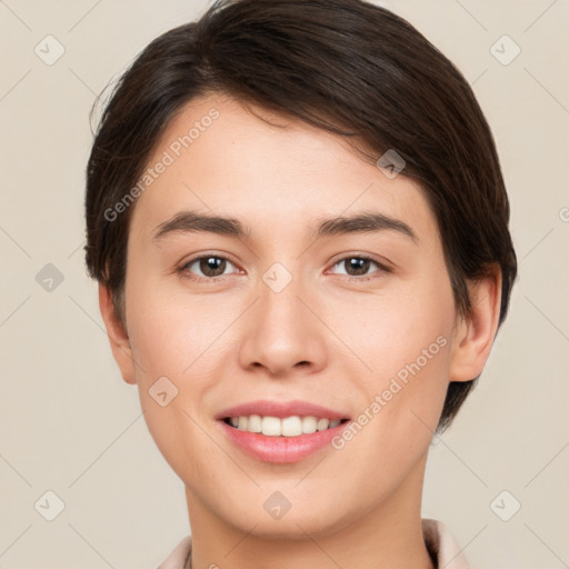 Joyful white young-adult female with short  brown hair and brown eyes