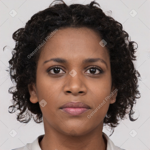 Neutral black young-adult female with medium  brown hair and brown eyes