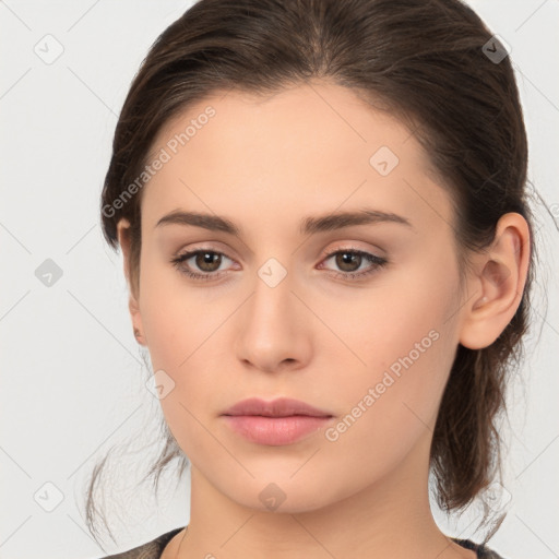 Neutral white young-adult female with medium  brown hair and brown eyes