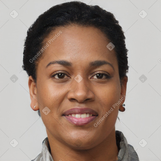 Joyful black young-adult female with short  brown hair and brown eyes