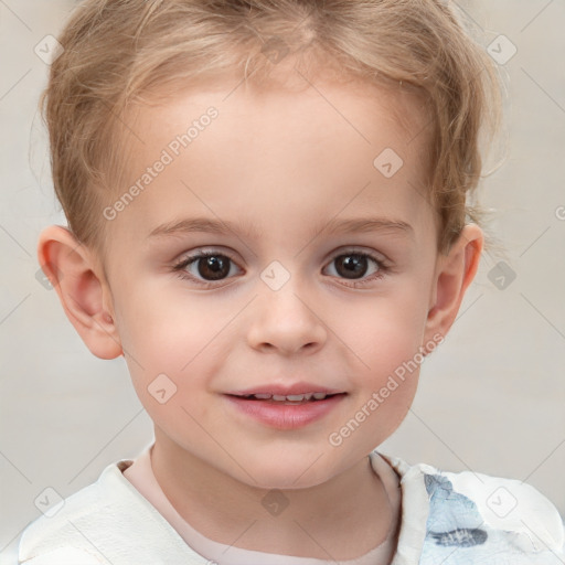 Joyful white child female with short  brown hair and brown eyes