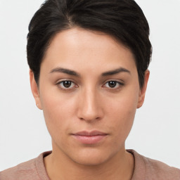 Neutral white young-adult female with short  brown hair and brown eyes