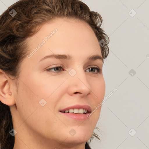 Joyful white young-adult female with medium  brown hair and green eyes