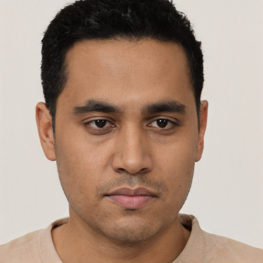 Neutral latino young-adult male with short  black hair and brown eyes