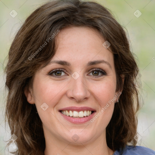 Joyful white young-adult female with medium  brown hair and green eyes