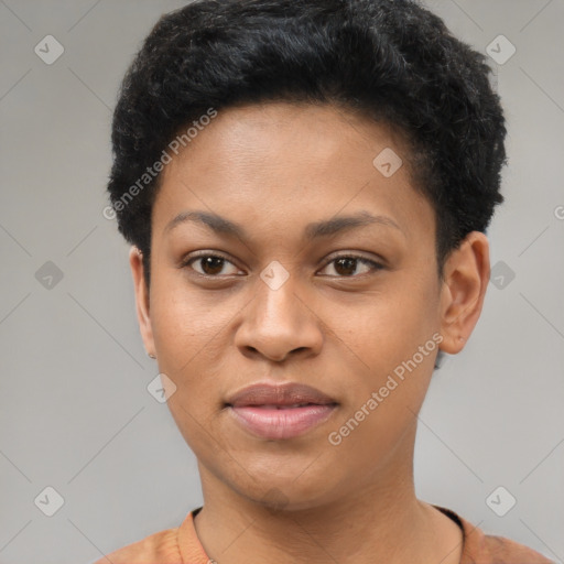 Joyful latino young-adult female with short  black hair and brown eyes