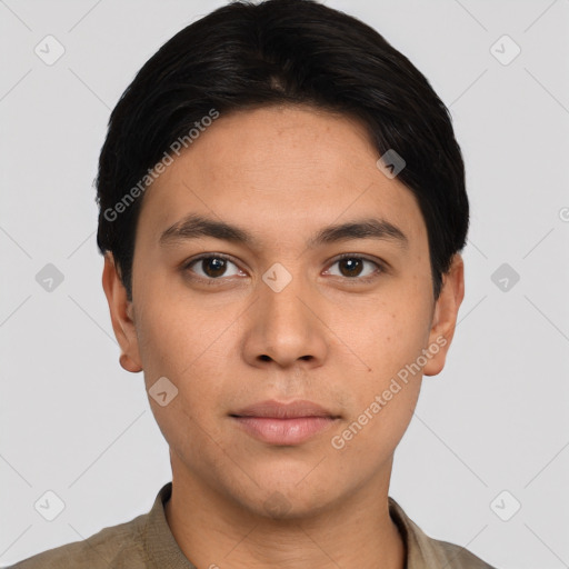 Neutral asian young-adult male with short  black hair and brown eyes