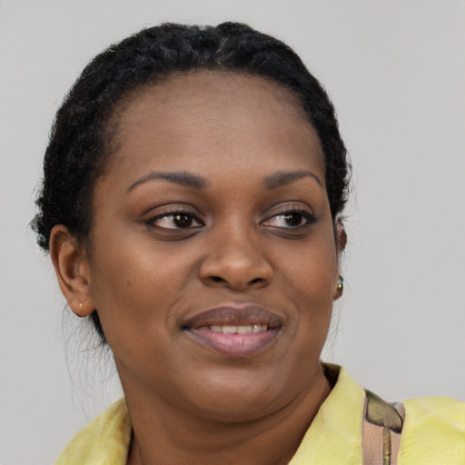 Joyful black young-adult female with short  brown hair and brown eyes